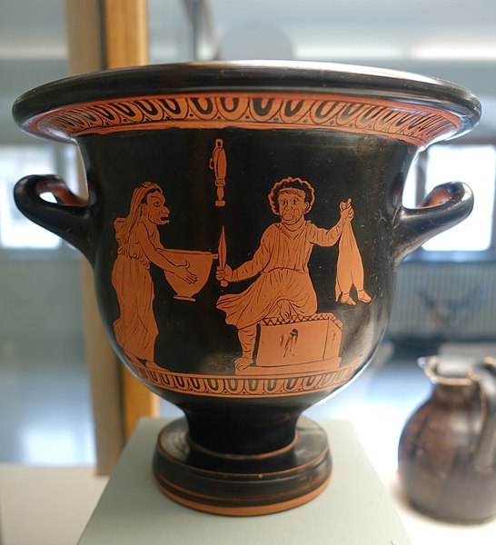 Vaso greco antico con scena dalle Tesmoforiazuse di Aristofane