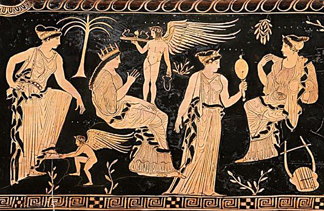 Vaso greco antico che raffigura Eurinome all’estrema sinistra