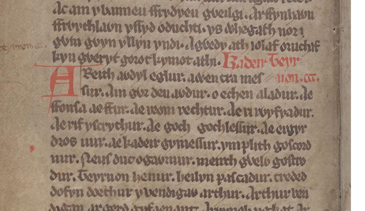 <i>Il Libro di Taliesin</i>, folio 16v, che mostra il poema <i>Kadeir Teyrnon</i>, in cui il nome di Aladur appare alla fine della sesta riga