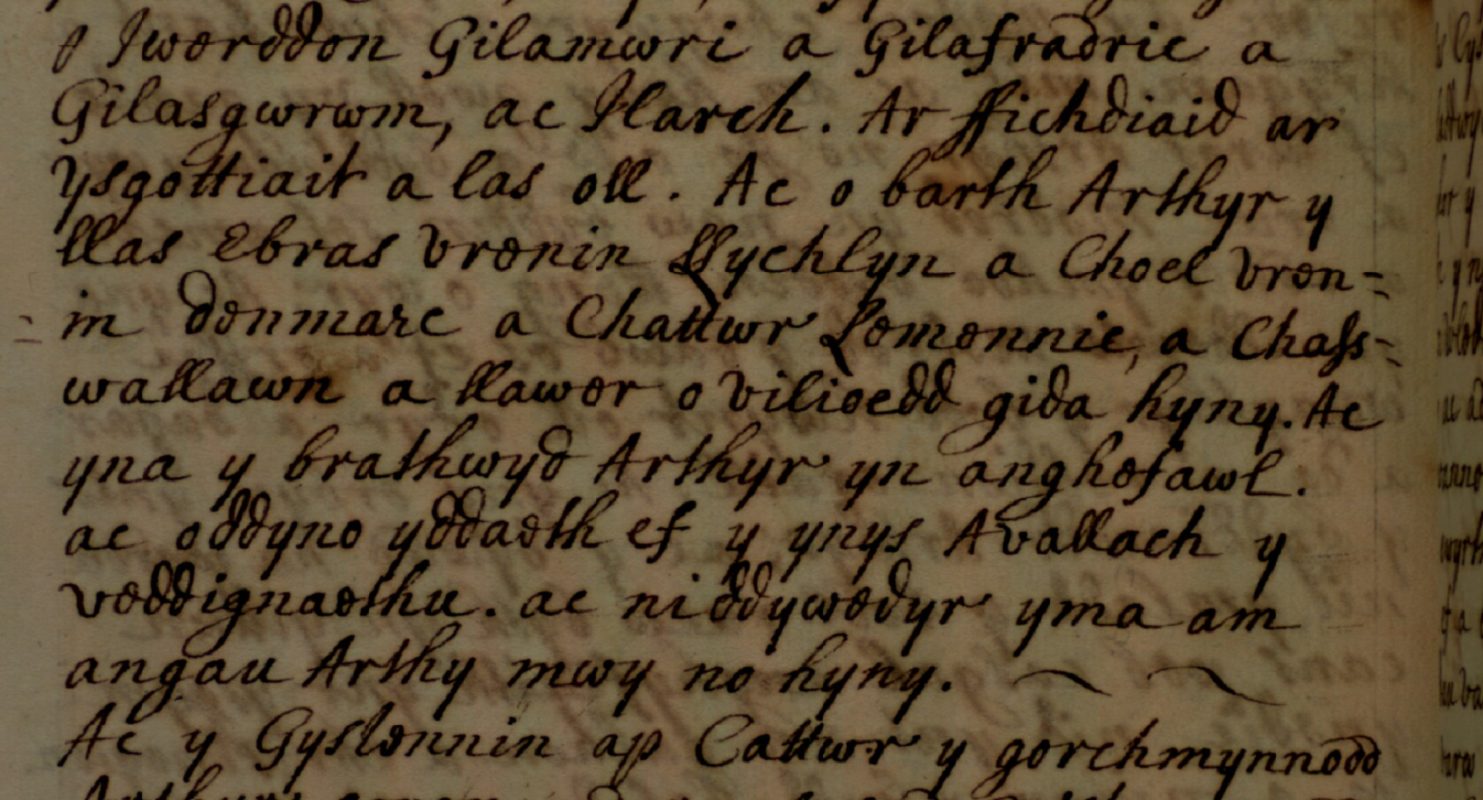 Folio del Brut Tysilio che mostra la morte di Caswallon sulle righe cinque e sei