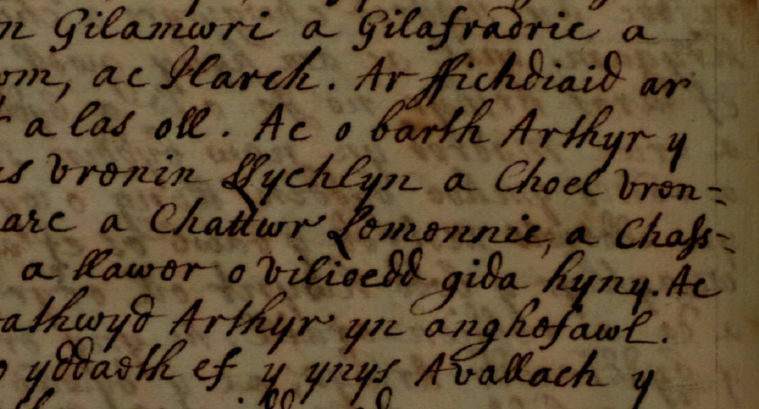 Brut Tysilio, Jesus College MS 28, pagina 168, che mostra Coel (Choel) re di Danimarca sulla quarta riga
