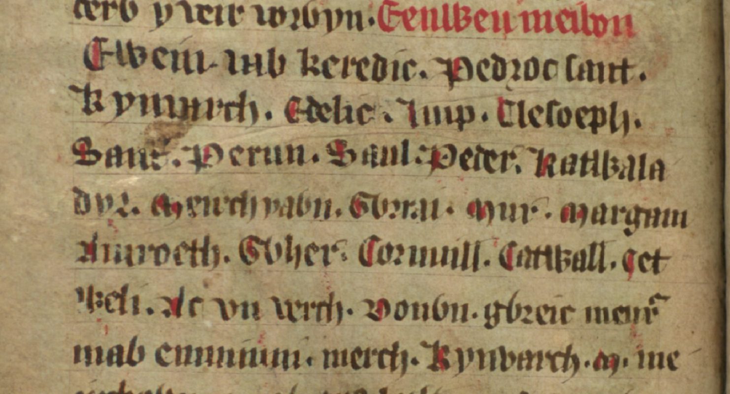 Jesus College MS 20, folio 34v, che mostra molti dei figli di Glywys, come Meirchiawn alla quinta riga