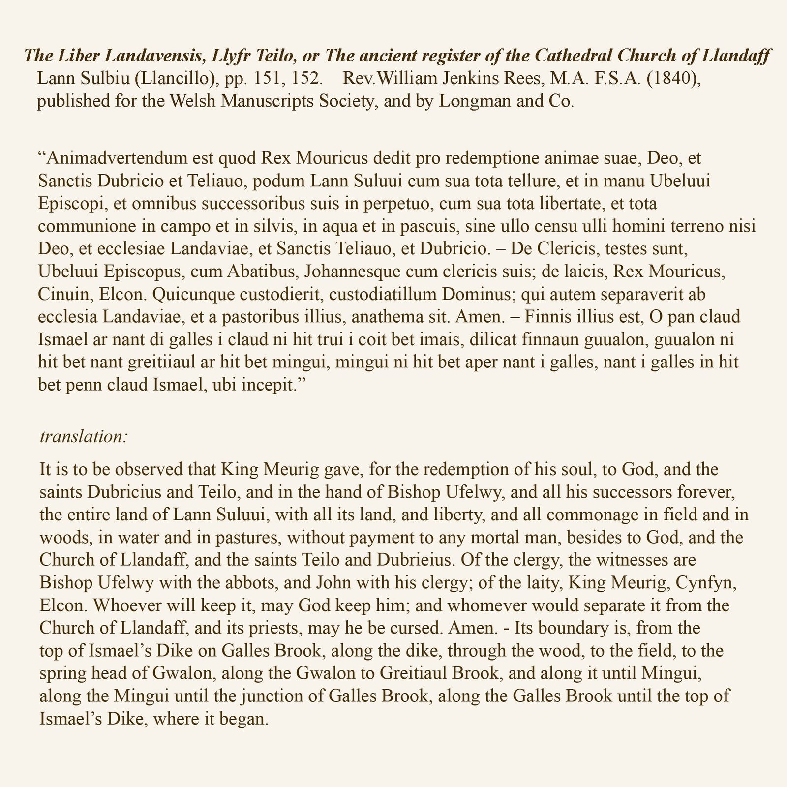 Llancillo nel Liber Landavensis, Llyfr Teilo, o il Book of Llandaff 1150, stampato nel 1840