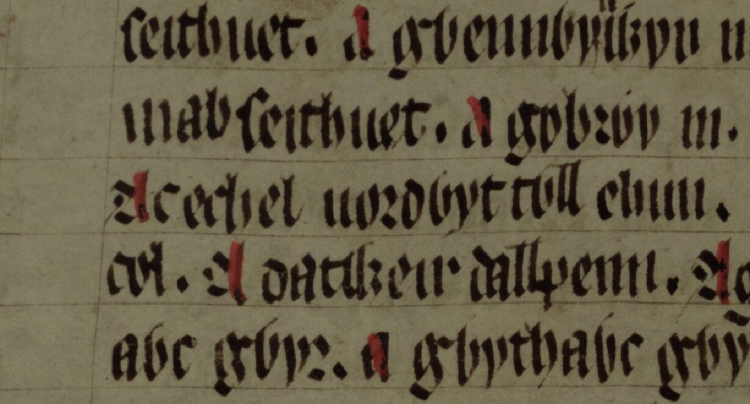 Culhwch e Olwen, folio 201r, che mostra Echel Forddwyd-Twll nella riga centrale