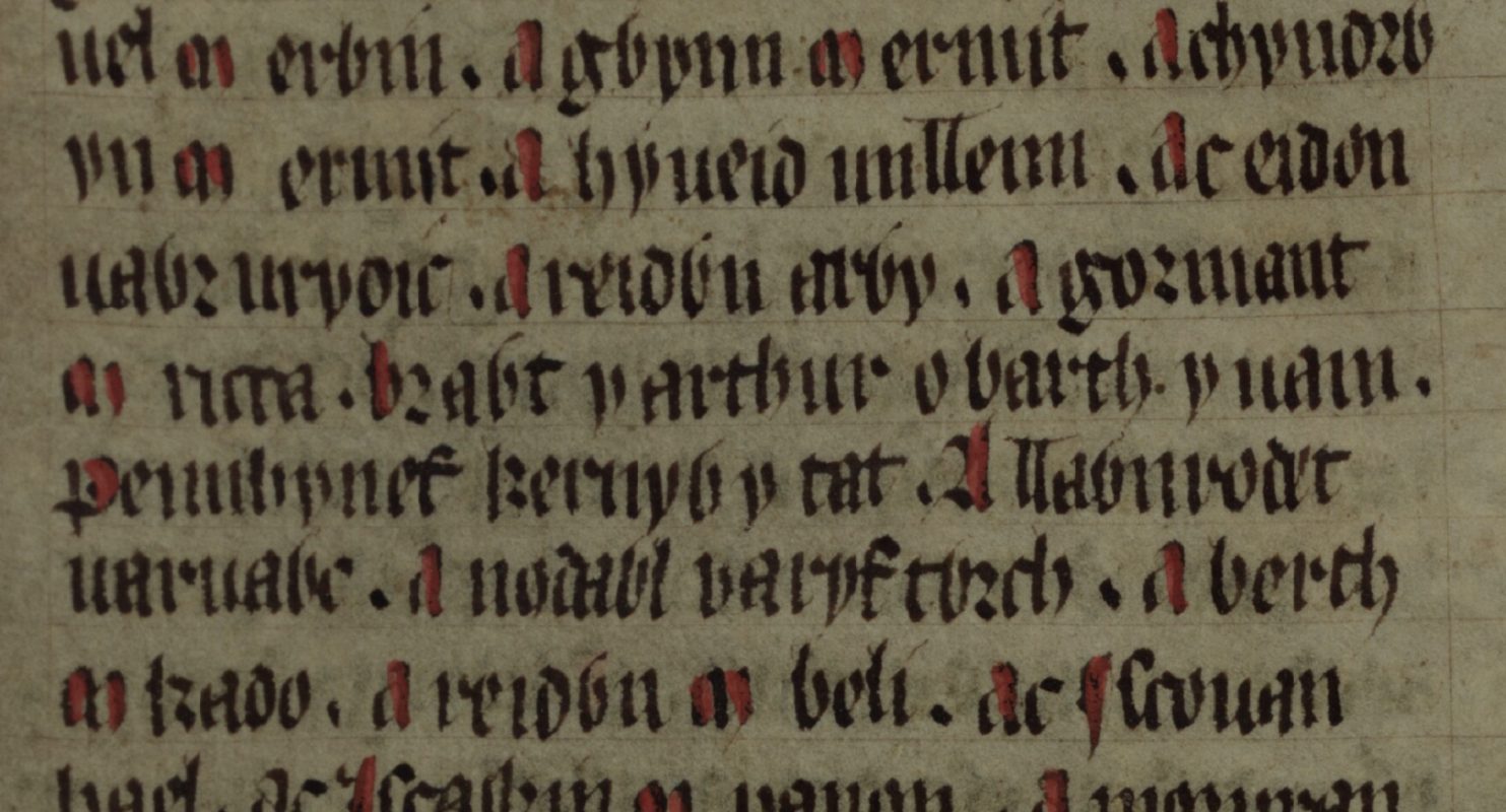 Culhwch and Olwen, folio 202r, che mostra Gormant ap Ricca alla terza e quarta riga