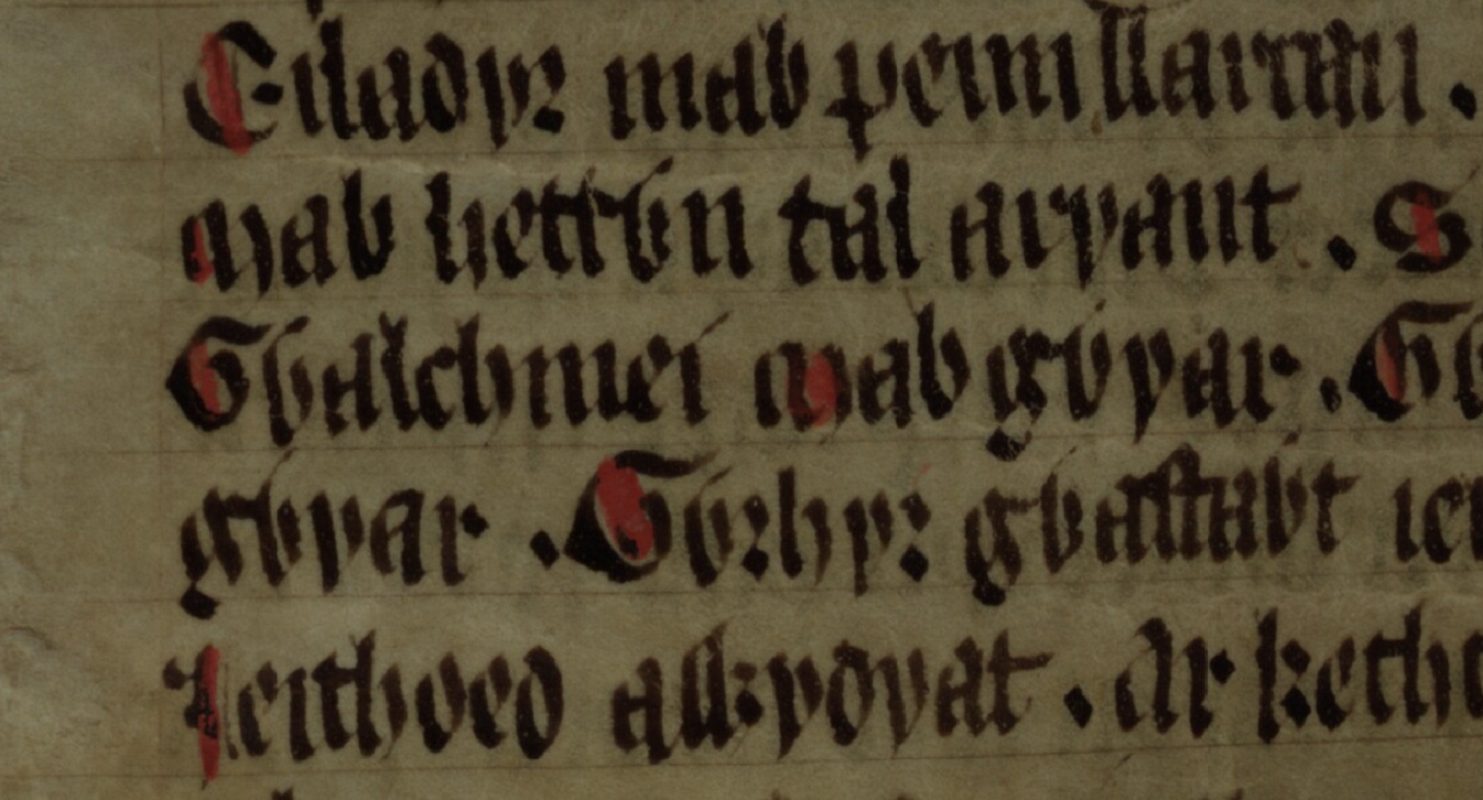 Culhwch and Olwen, folio 202v, con il cavaliere di Artù Gwalchmai al centro della riga