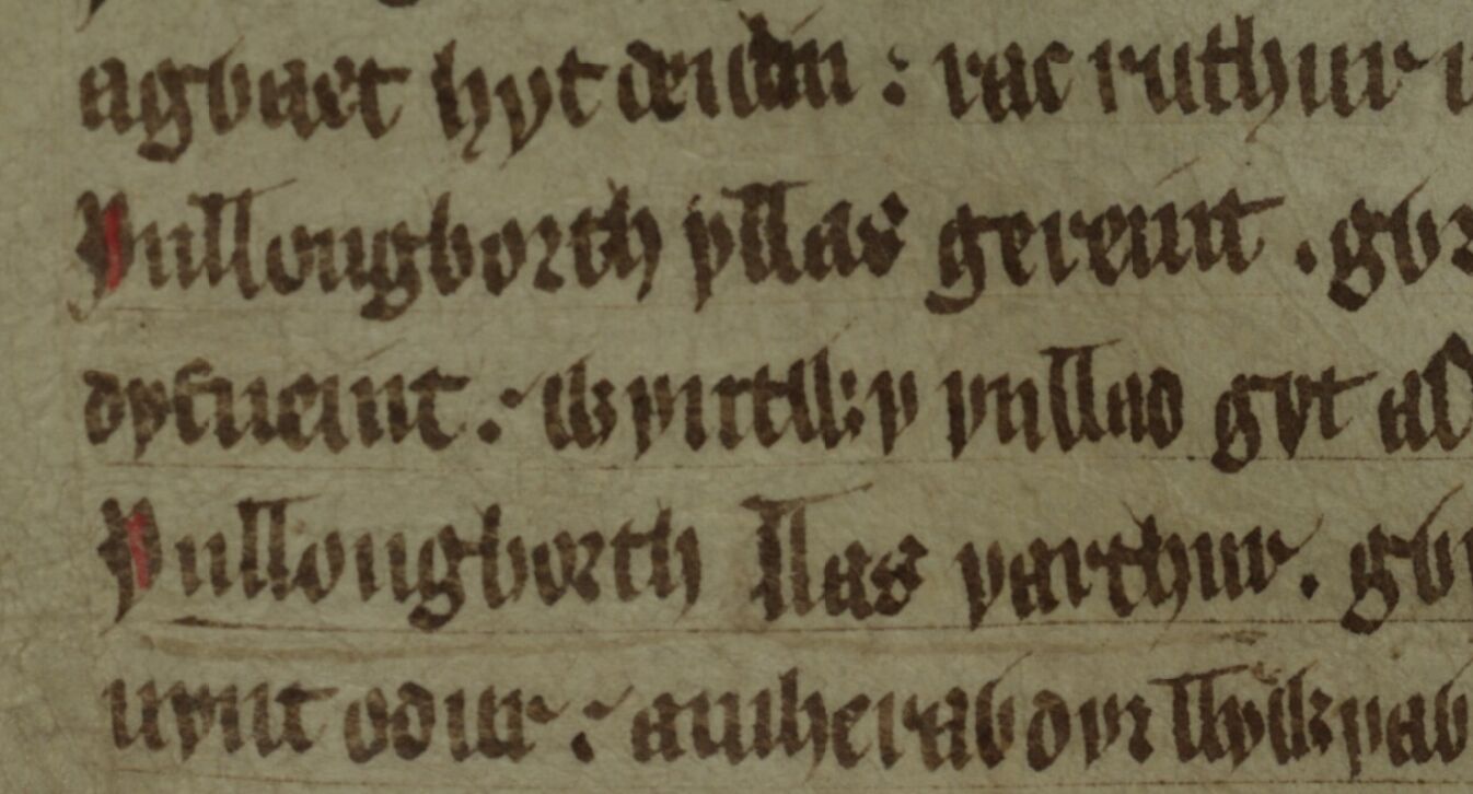 Il poema <i>Englynion Gereint fab Erbin</i> nel Libro Rosso di Hergest, folio 259v, con il riferimento alla morte di Gereint sulla seconda riga e il riferimento ad Artù sulla quarta riga