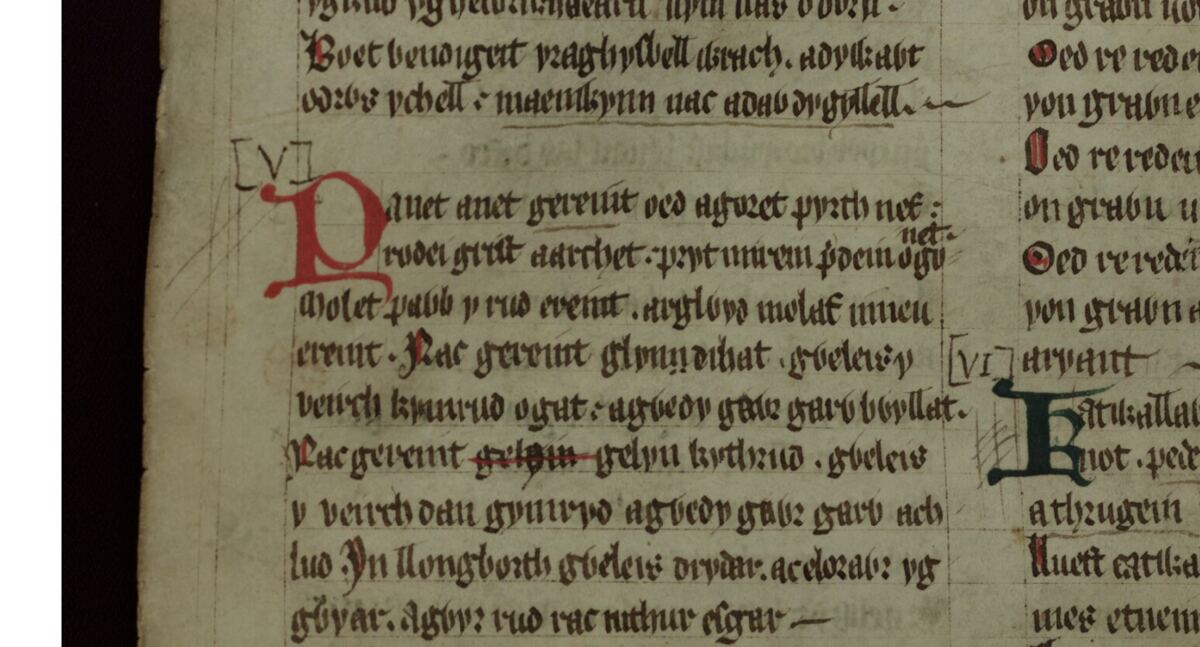 Il poema <i>Englynion Gereint fab Erbin</i> nel Libro Rosso di Hergest, folio 259v, a partire a metà della colonna sinistra