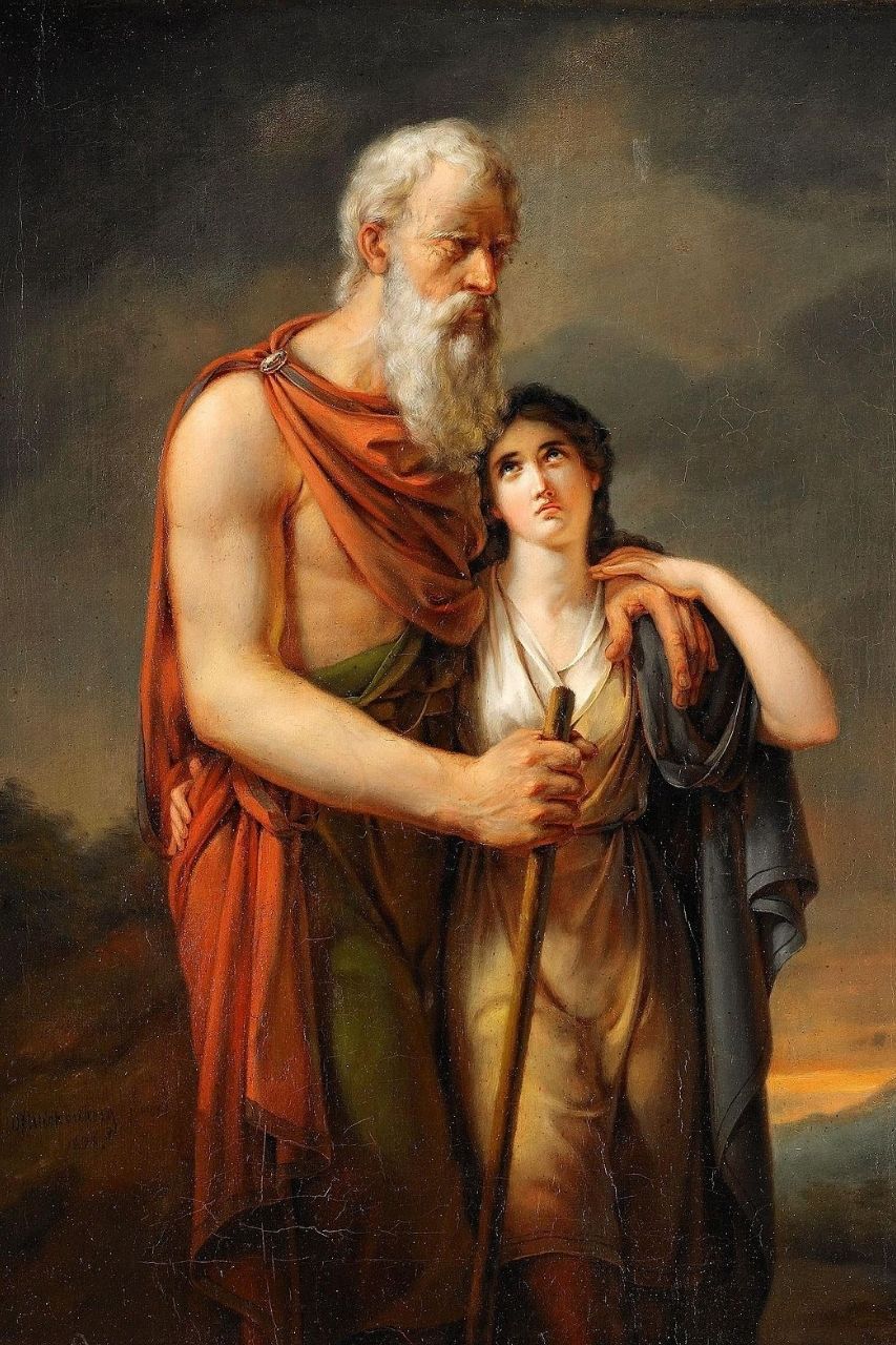 Antigone ed Edipo che vagano dopo l’esilio da Tebe