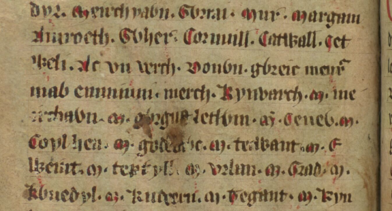 Jesus College MS 20, folio 34v, che mostra Meirchion ap Gwrgust attraverso la quarta e quinta riga, possibilmente l’oppositore di Illtud