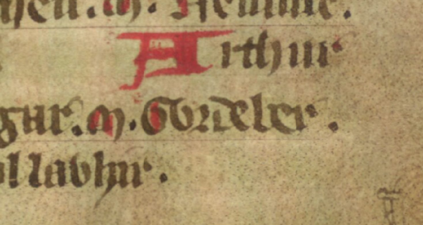 Jesus College MS 20, folio 36r, che mostra il Vortipor di Gildas come Gwrdeber, nonno di Pedr del Dyfed