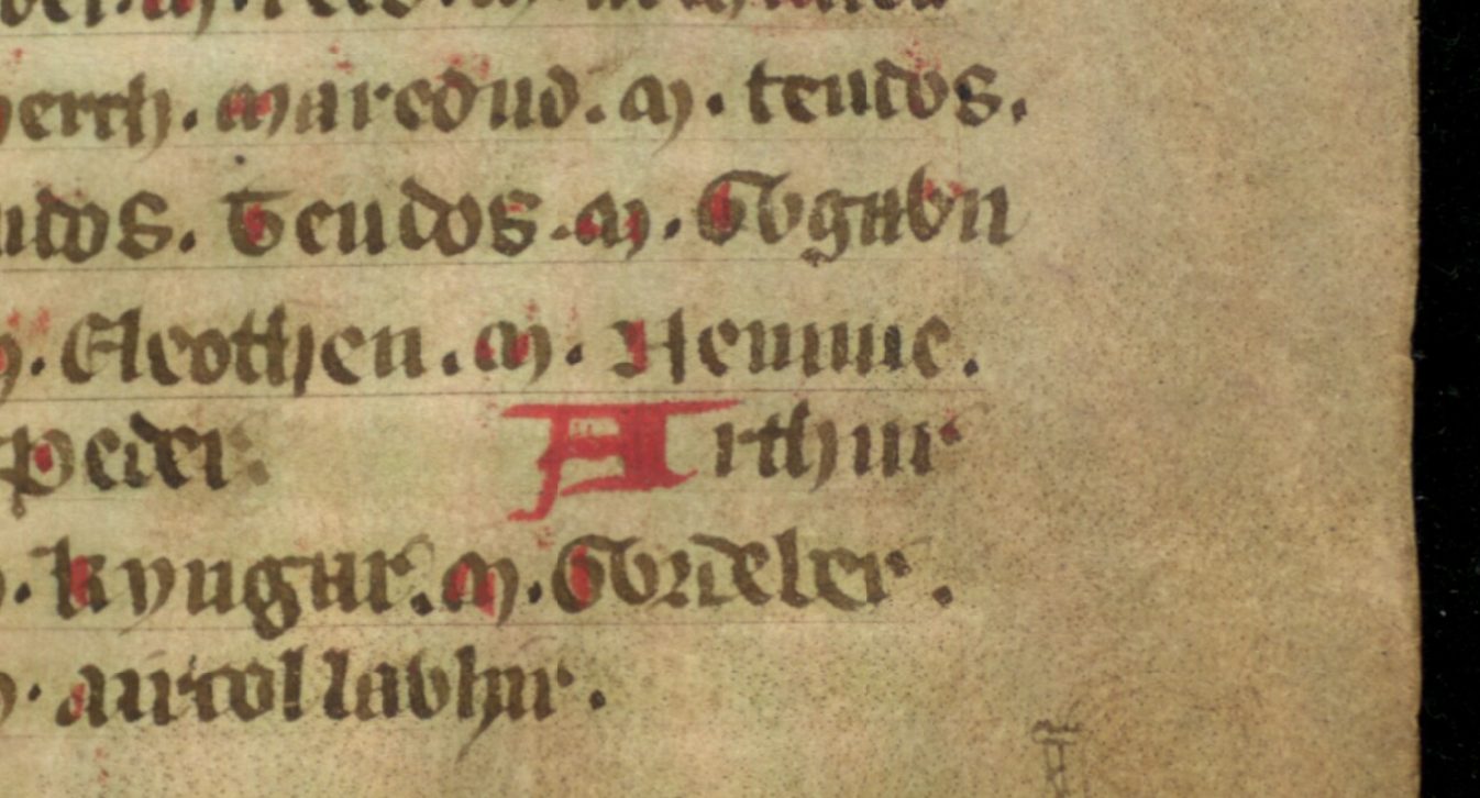Jesus College MS 20, folio 36r, che mostra il figlio di Artù, Nowy, scritto 'Nennue' in questo documento