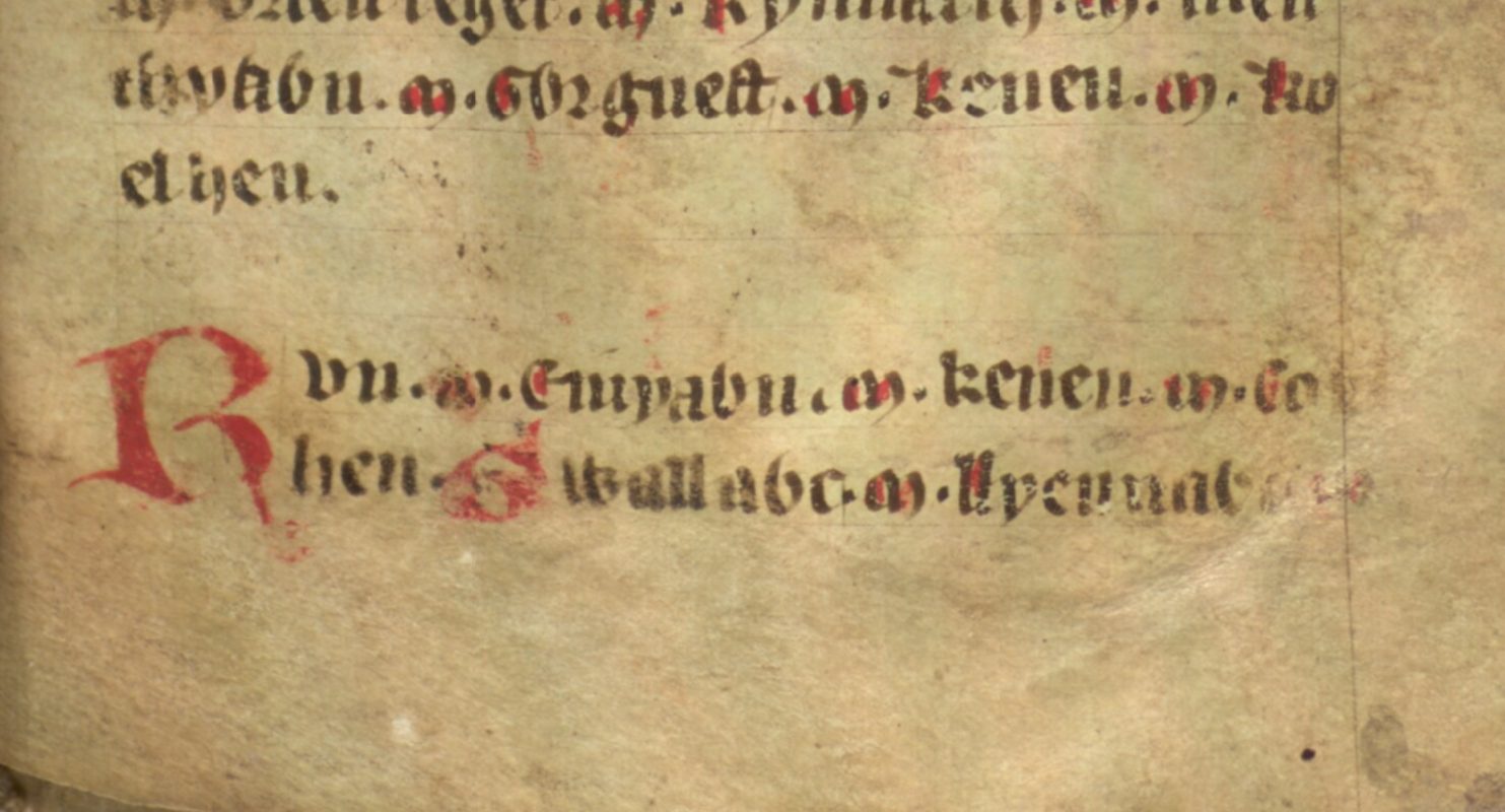 Jesus College MS 20, folio 38r, che mostra Gwallog e suo padre Lleenog proprio alla fine