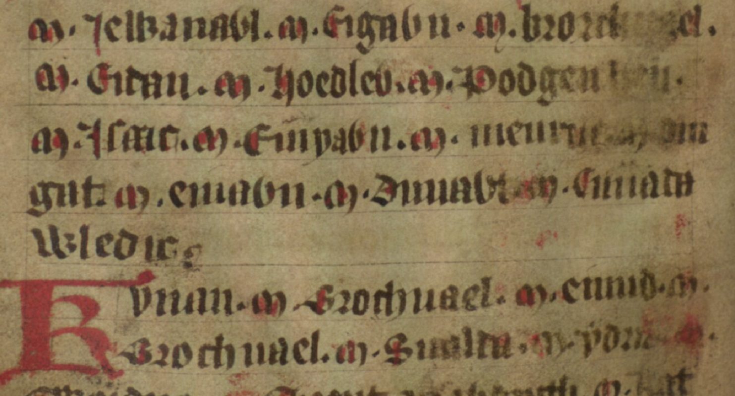 Jesus College MS 20, folio 39v, che mostra parte della probabile vera linea di discendenza di Cadwallon sulla quarta riga, Bodleian Library, Oxford
