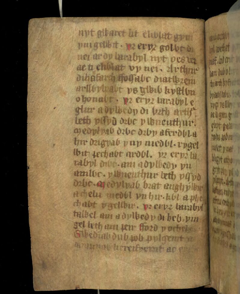 Jesus College MS 20, foglio 1v, che mostra la prima pagina del poema <i>Ymddiddan Arthur a’r Eryr</i>, o <i>Artù e l’aquila</i>