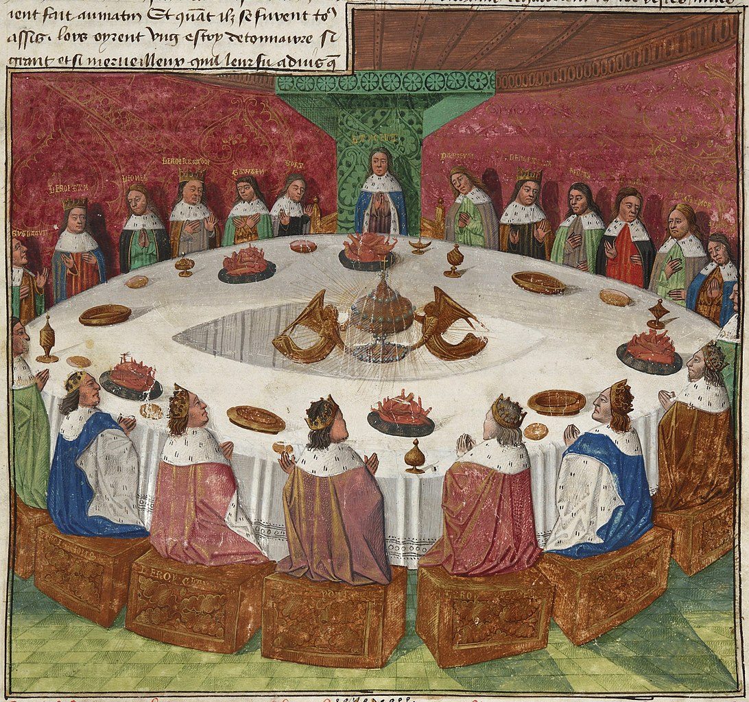 Illustrazione di re Artù e dei suoi cavalieri alla Tavola Rotonda, dal BNF 112, manoscritto miniato del Prose Lancelot, Evrard d'Espinques, 1470