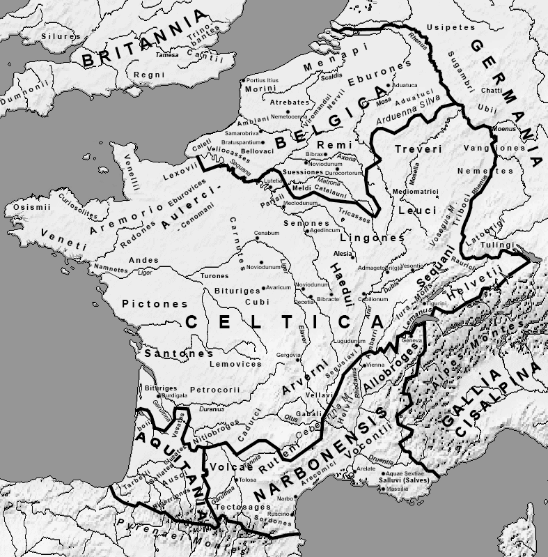 Mappa della Gallia, che mostra la posizione dei Pictones sotto il fiume Loira, CC-BY-SA 3.0