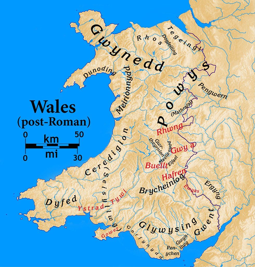 Mappa che mostra la posizione del regno del Gwynedd, il territorio di Cadwallon Lawhir