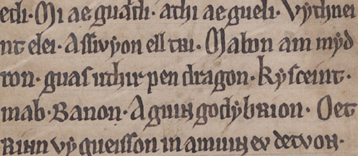 MS Peniarth 1, folio 47r, con la menzione di ‘uthir pen dragon’ nel poema Pa Gur.
