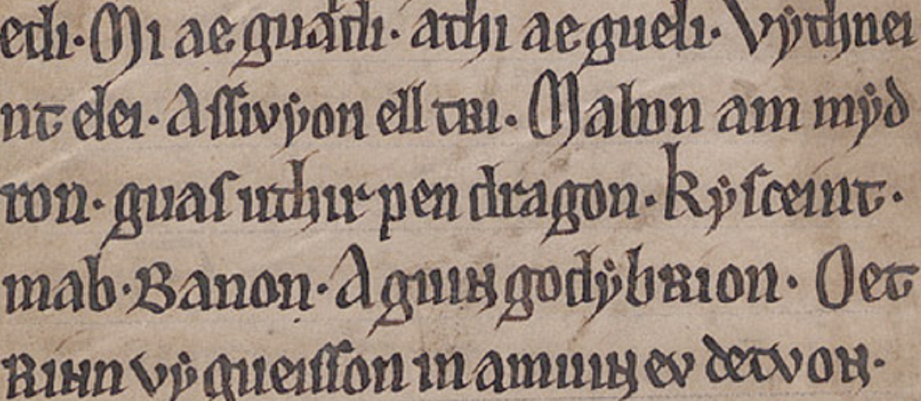 MS Peniarth 1, foglio 47r, che mostra la menzione di «uthir pen dragon» nel poema <i>Pa Gur</i>