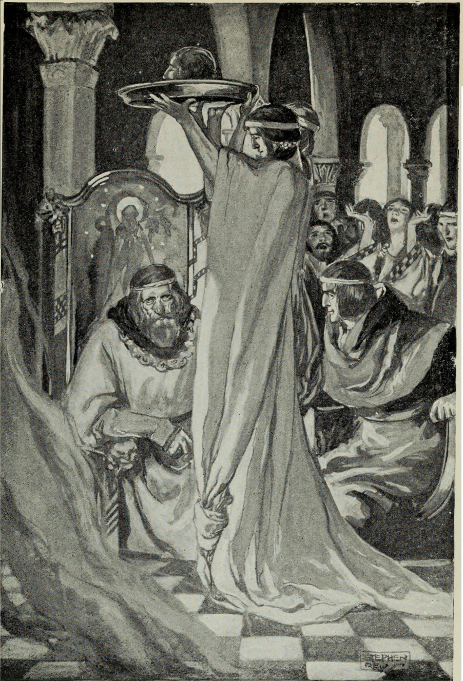 Illustrazione della scena del racconto gallese Peredur in cui al re viene mostrata una testa recisa, da Myths and Legends of the Celtic Race di T W Rolleston, 1910